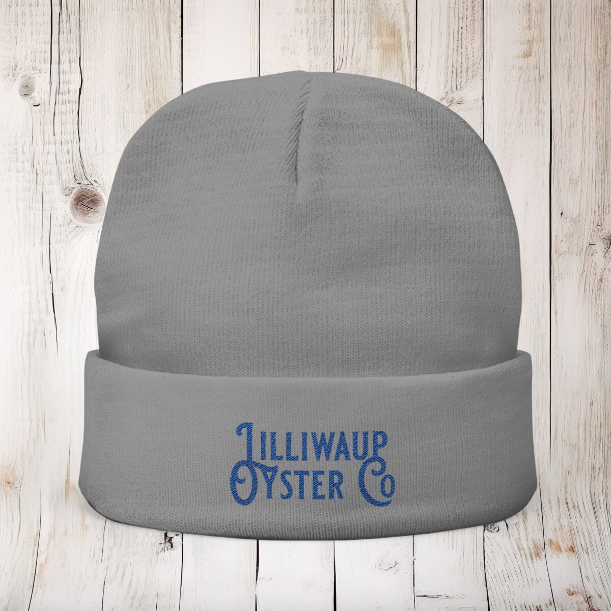 Lilliwaup Oysters Logo in Blue Embroidery on a Knit Cotton Blend Beanie -  Unisex Cotton Rich Beanie 2 Colors Available - One Size Fits Most - Image 3